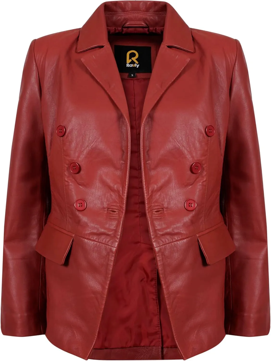 Double Breasted Fancy Buttons Lambskin Leather Blazer Women - Casual Coat Long Sleeves Style Leather Jacket for Women