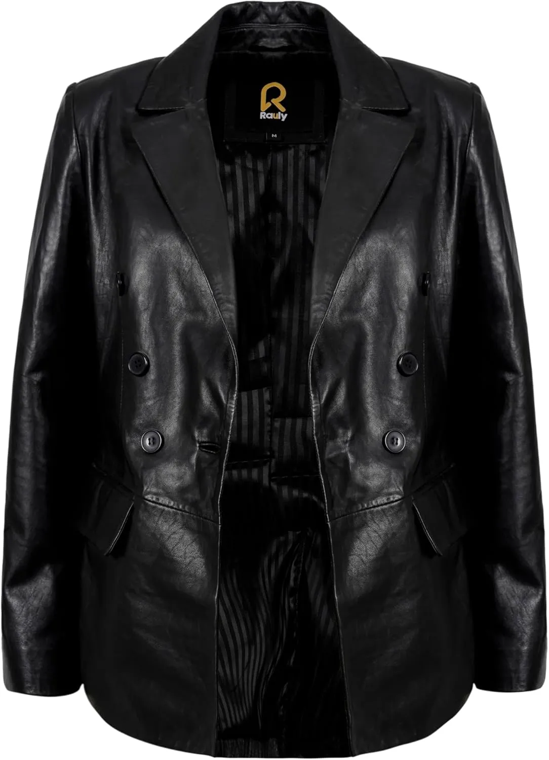 Double Breasted Fancy Buttons Lambskin Leather Blazer Women - Casual Coat Long Sleeves Style Leather Jacket for Women