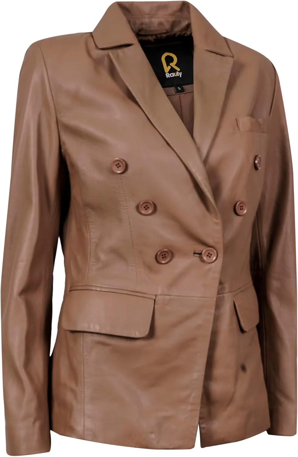 Double Breasted Fancy Buttons Lambskin Leather Blazer Women - Casual Coat Long Sleeves Style Leather Jacket for Women