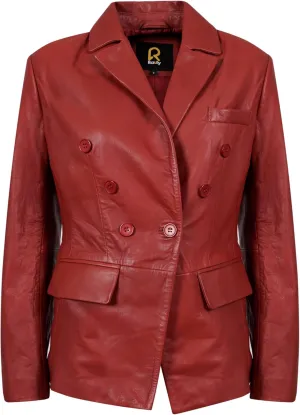 Double Breasted Fancy Buttons Lambskin Leather Blazer Women - Casual Coat Long Sleeves Style Leather Jacket for Women