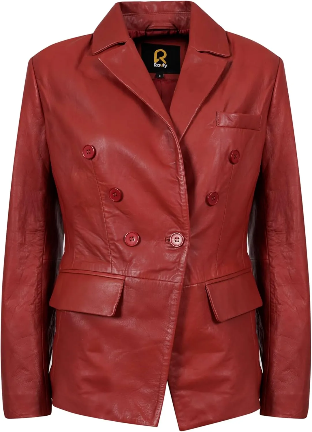 Double Breasted Fancy Buttons Lambskin Leather Blazer Women - Casual Coat Long Sleeves Style Leather Jacket for Women