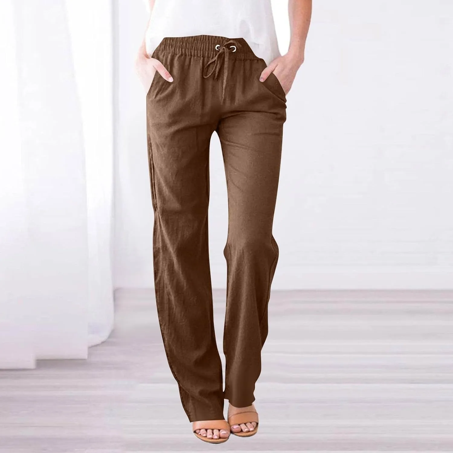 Dress Pants Women High Waisted,Womens Sweatpants Palazzo Straight Leg Trousers Linen Cotton Dressy