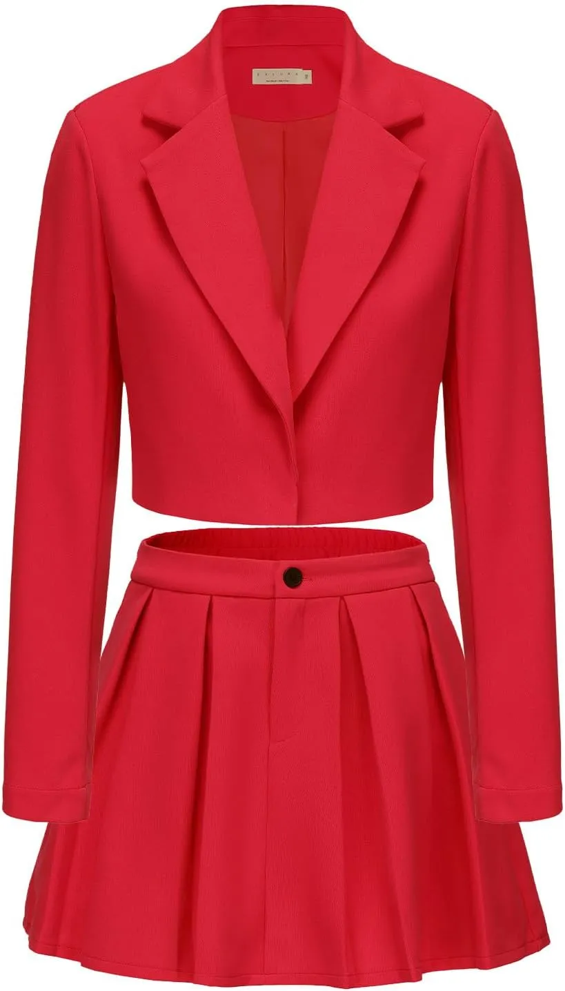 EXLURA Women's Business Casual Blazer Suit Sets and Pleated Mini Skirt 2 Piece Outfits Trendy Long Sleeve Y2K Clothes 2025