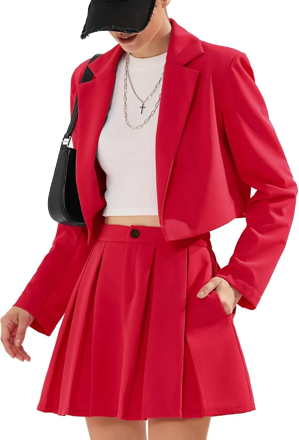 EXLURA Women's Business Casual Blazer Suit Sets and Pleated Mini Skirt 2 Piece Outfits Trendy Long Sleeve Y2K Clothes 2025