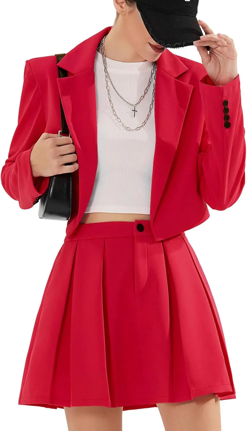 EXLURA Women's Business Casual Blazer Suit Sets and Pleated Mini Skirt 2 Piece Outfits Trendy Long Sleeve Y2K Clothes 2025