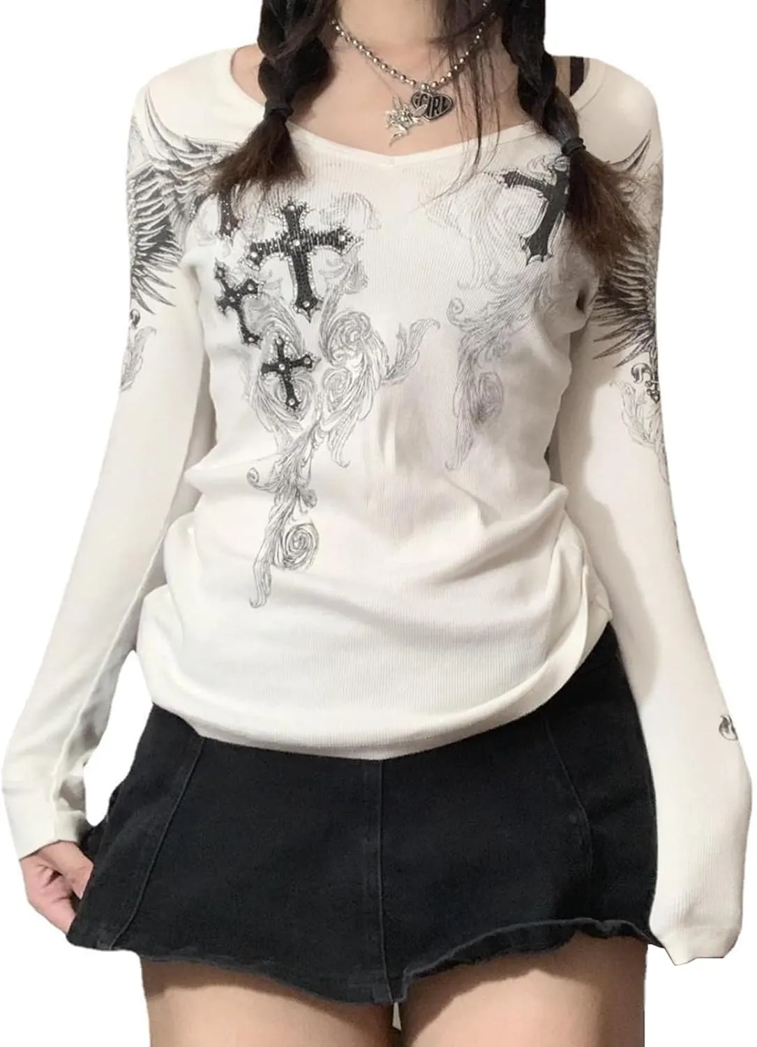 Fairy Grunge Clothes Long Sleeve Graphic Tees for Women Teen Girls Y2k Vintage Goth Top Emo Shirt 90s 2000s Clothing