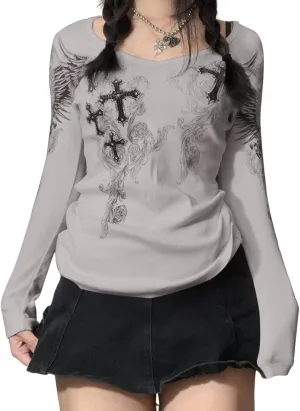 Fairy Grunge Clothes Long Sleeve Graphic Tees for Women Teen Girls Y2k Vintage Goth Top Emo Shirt 90s 2000s Clothing