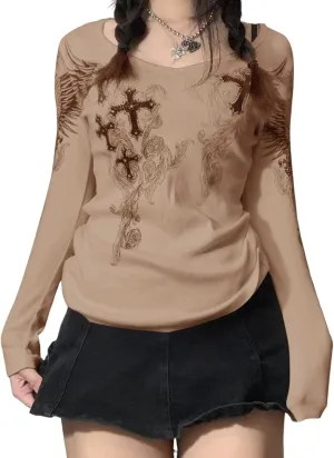 Fairy Grunge Clothes Long Sleeve Graphic Tees for Women Teen Girls Y2k Vintage Goth Top Emo Shirt 90s 2000s Clothing