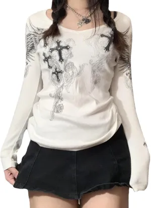 Fairy Grunge Clothes Long Sleeve Graphic Tees for Women Teen Girls Y2k Vintage Goth Top Emo Shirt 90s 2000s Clothing