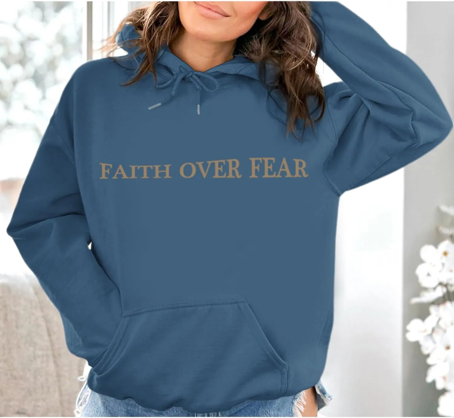 Faith Over Fear Hoodie for Women Christian Jesus Inspirational Sweatshirts Religious Oversized Graphic Pullover Tops