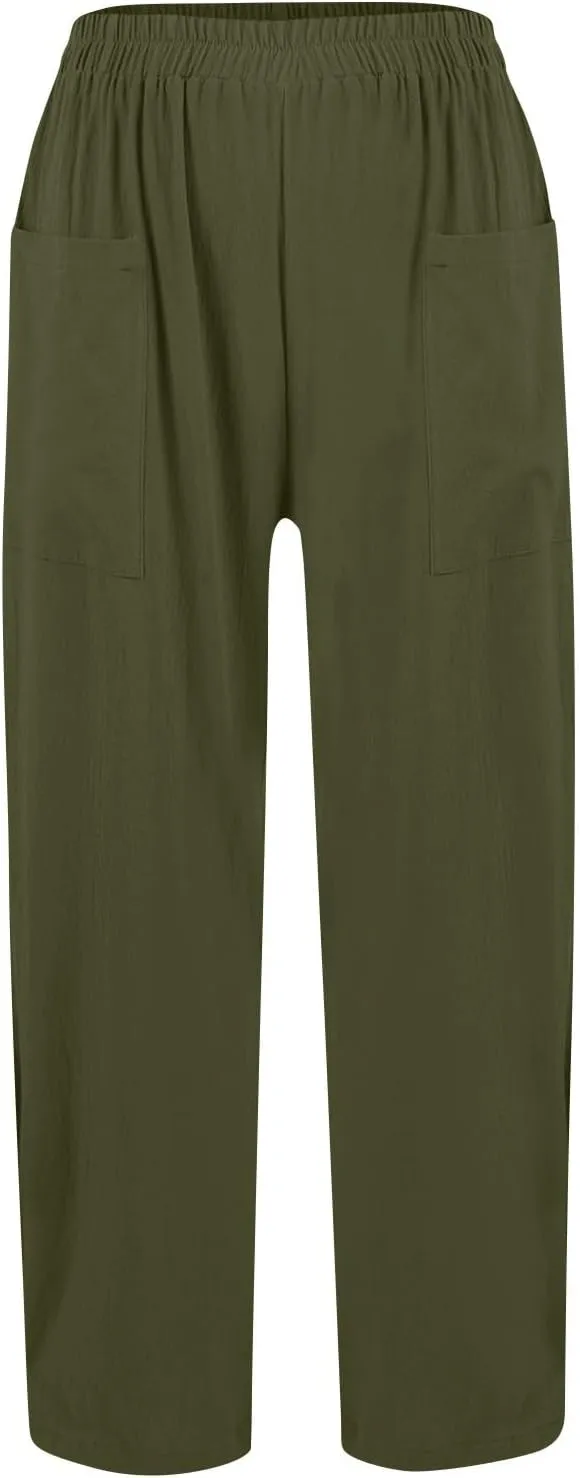 fanmpghleoo Linen Pants Women Summer Elastic High Waisted Wide Leg Linen Pants for Women 2025 Comfy Lounge Pants with Pockets