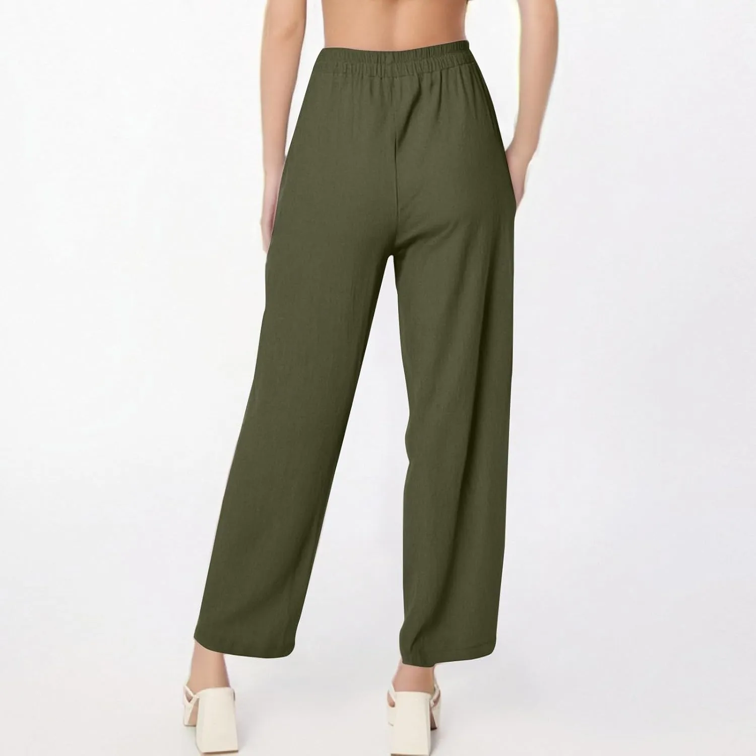 fanmpghleoo Linen Pants Women Summer Elastic High Waisted Wide Leg Linen Pants for Women 2025 Comfy Lounge Pants with Pockets