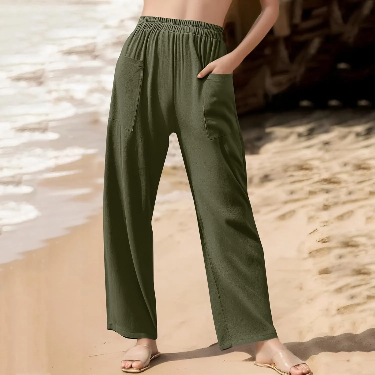 fanmpghleoo Linen Pants Women Summer Elastic High Waisted Wide Leg Linen Pants for Women 2025 Comfy Lounge Pants with Pockets