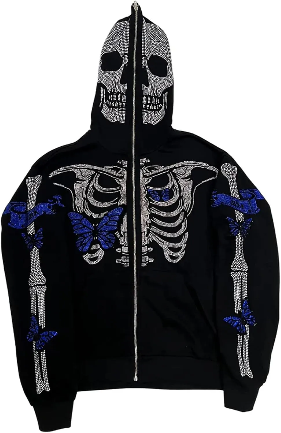 Fanvereka Men Women Over Face Rhinestone Full Zip Up Hoodie Halloween Costumes Y2k Graphic Hooded Streetwear Jacket Shirt