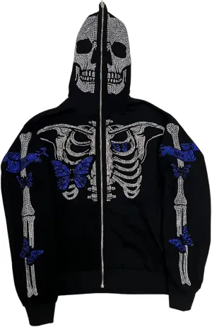 Fanvereka Men Women Over Face Rhinestone Full Zip Up Hoodie Halloween Costumes Y2k Graphic Hooded Streetwear Jacket Shirt