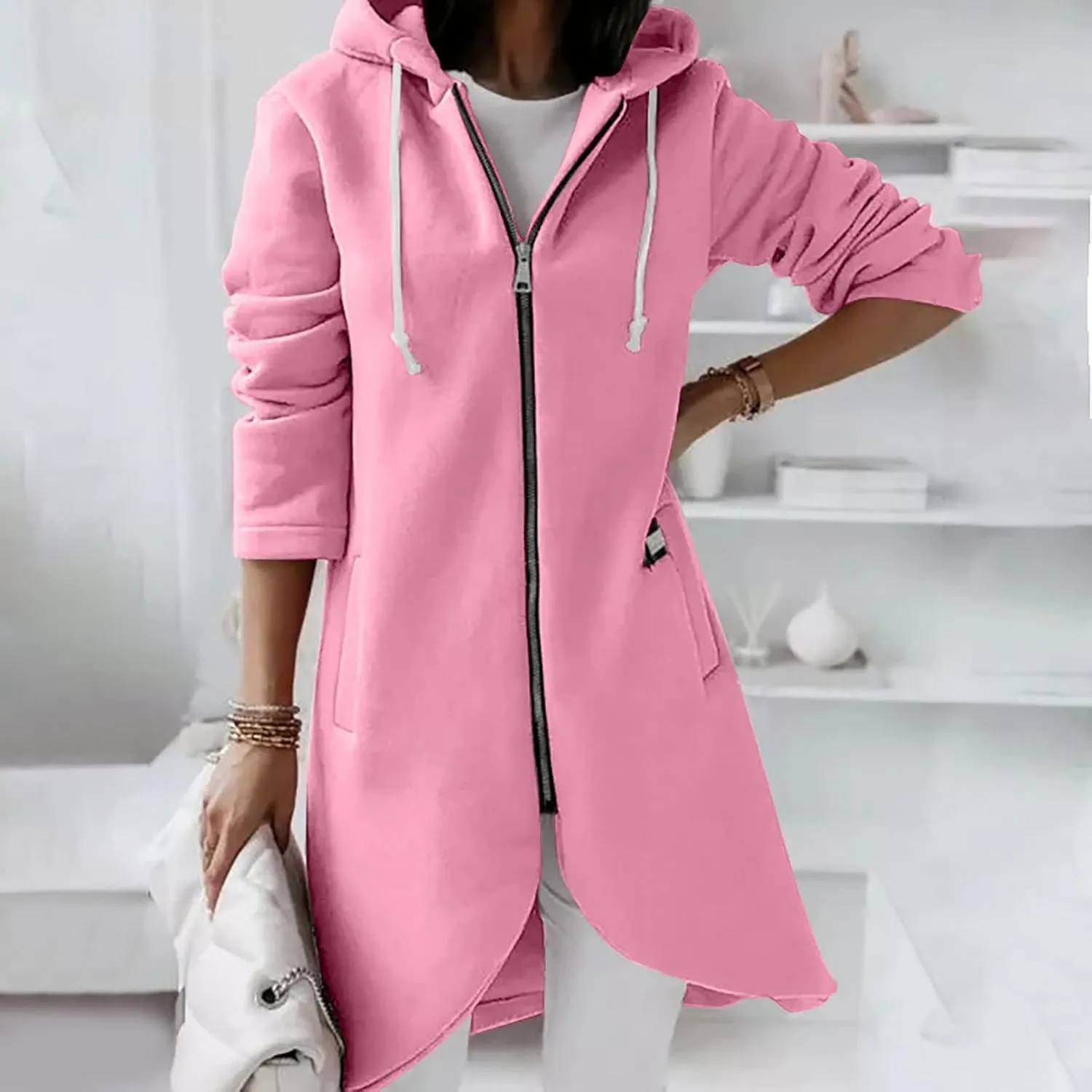 fartey Zip Up Hoodie Women Casual Oversized Long Hoodies Long Sleeve Drawstring Asymmetrical Tunic Sweatshirts With Pockets