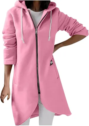 fartey Zip Up Hoodie Women Casual Oversized Long Hoodies Long Sleeve Drawstring Asymmetrical Tunic Sweatshirts With Pockets