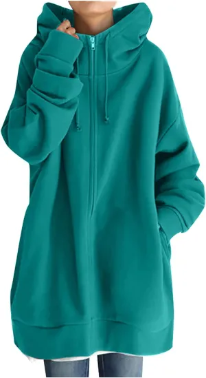 fartey Zip Up Hoodie Women Oversized Loose Baggy Long Sweatshirts Casual Drawstring Long Sleeve Y2K Jackets With Pockets