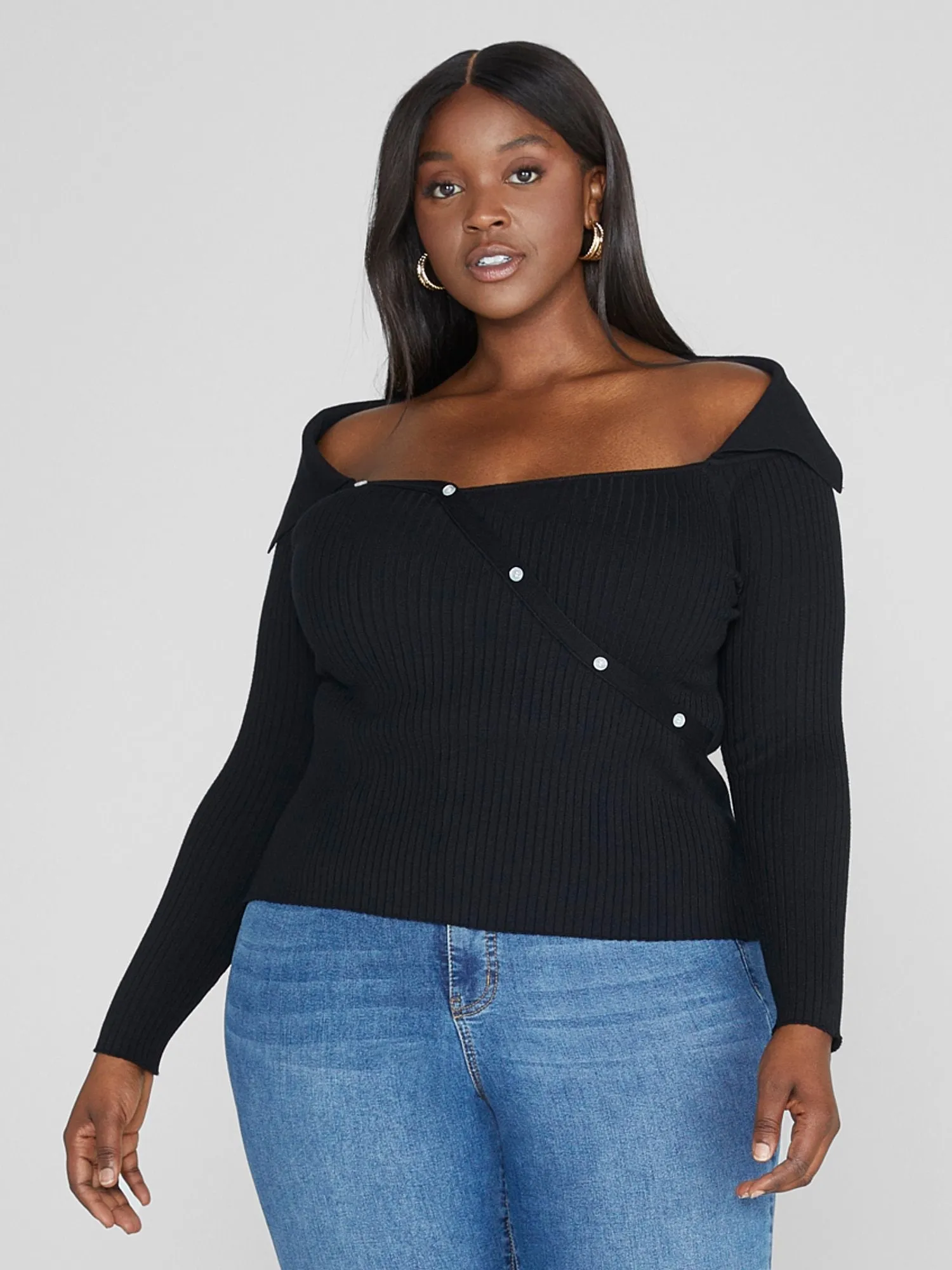 Fashion To Figure - Norma Off-The-Shoulder Asymmetrical Button Sweater