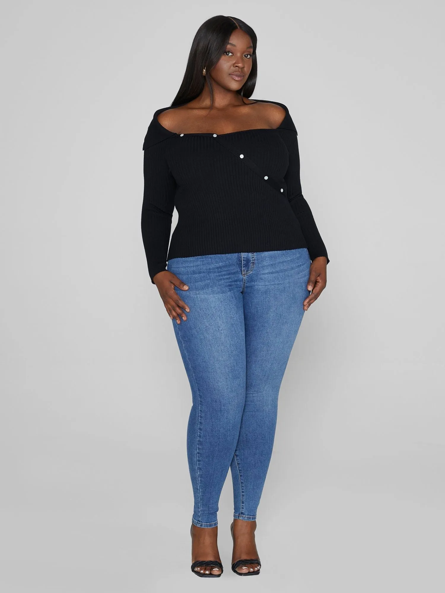Fashion To Figure - Norma Off-The-Shoulder Asymmetrical Button Sweater