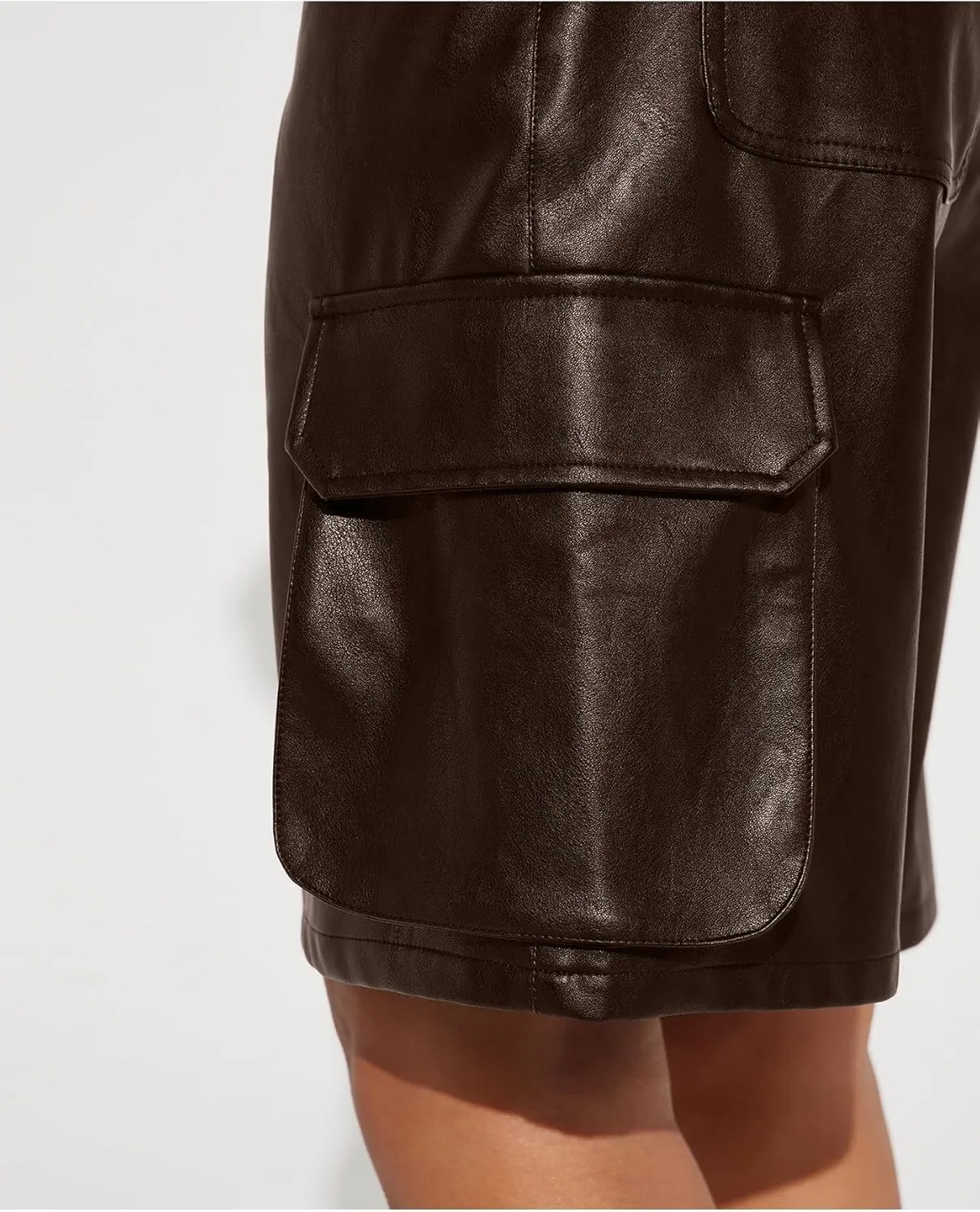 Faux Leather Cargo Shorts for Women High Waisted Casual Wide Leg Bermuda Shorts with Pockets