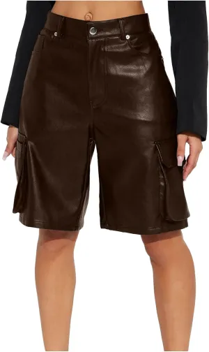 Faux Leather Cargo Shorts for Women High Waisted Casual Wide Leg Bermuda Shorts with Pockets