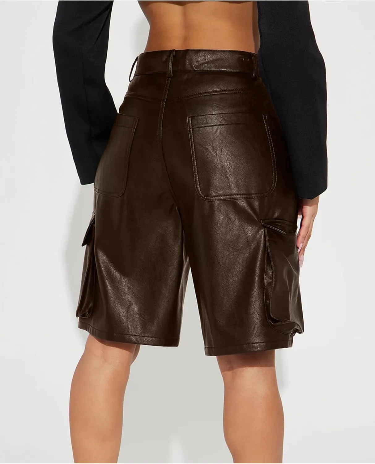 Faux Leather Cargo Shorts for Women High Waisted Casual Wide Leg Bermuda Shorts with Pockets