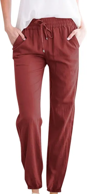 Firzero Lightweight Pants Women Summer Casual Cotton Linen Pants Relax Fit Elastic Waist Straight Leg Pants Floral Print Lounge Long Trousers with Pocket