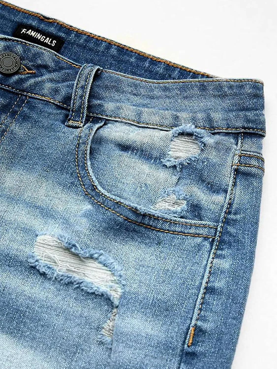 Flamingals Ripped Stretchy Jean Shorts for Women Raw Hem Mid Waist Casual Trendy Denim Shorts