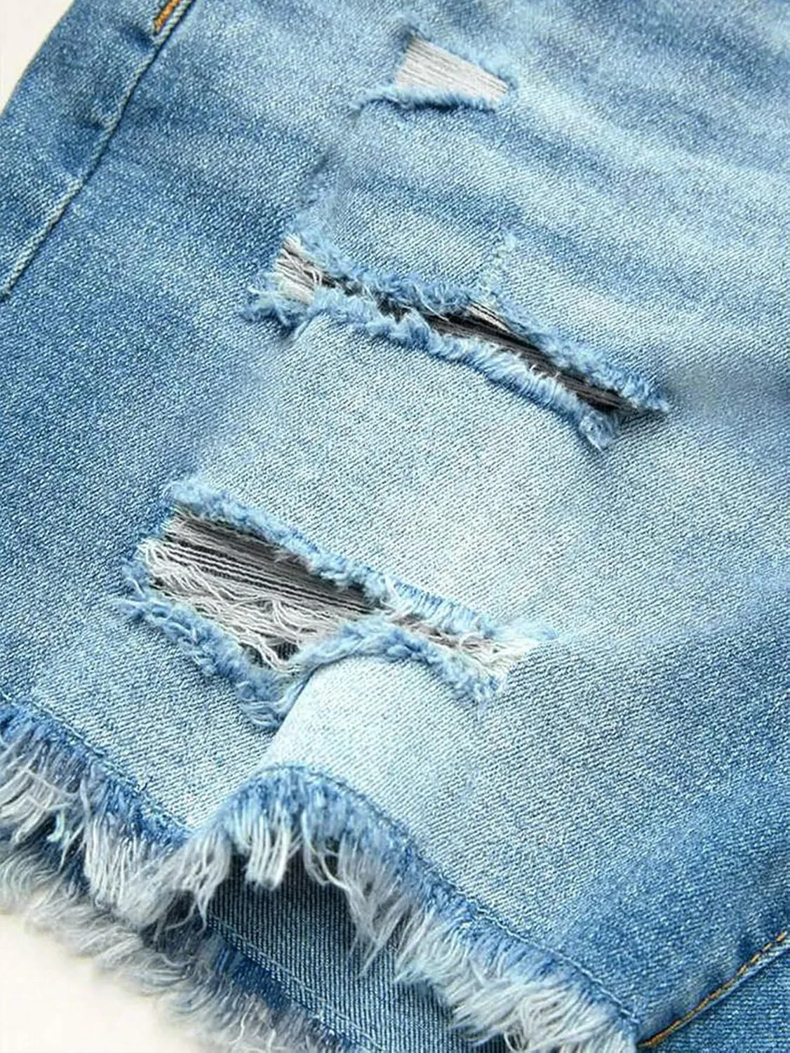Flamingals Ripped Stretchy Jean Shorts for Women Raw Hem Mid Waist Casual Trendy Denim Shorts
