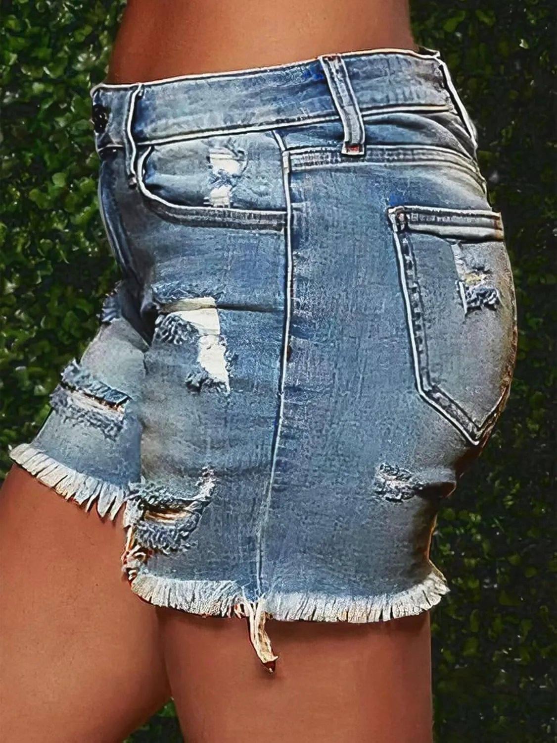 Flamingals Ripped Stretchy Jean Shorts for Women Raw Hem Mid Waist Casual Trendy Denim Shorts