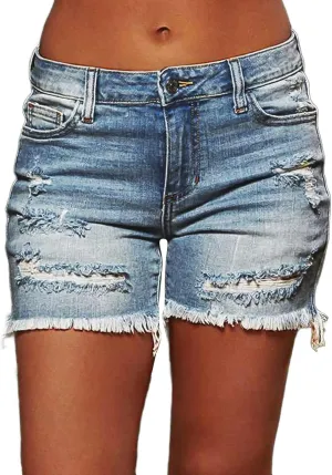 Flamingals Ripped Stretchy Jean Shorts for Women Raw Hem Mid Waist Casual Trendy Denim Shorts