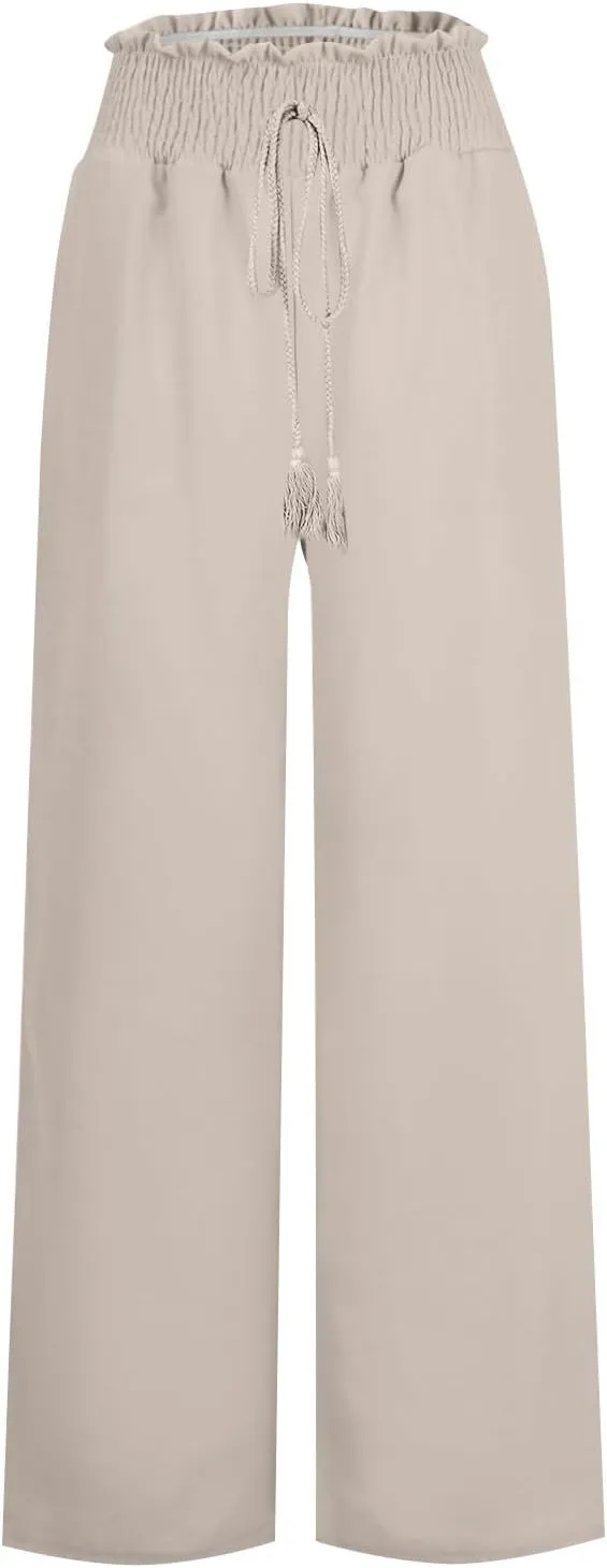 Flare Cropped Dress Pants for Women Casual Summer Wide Leg Linen Sports Trousers with Pockets HIgh Waist Vacation Pants