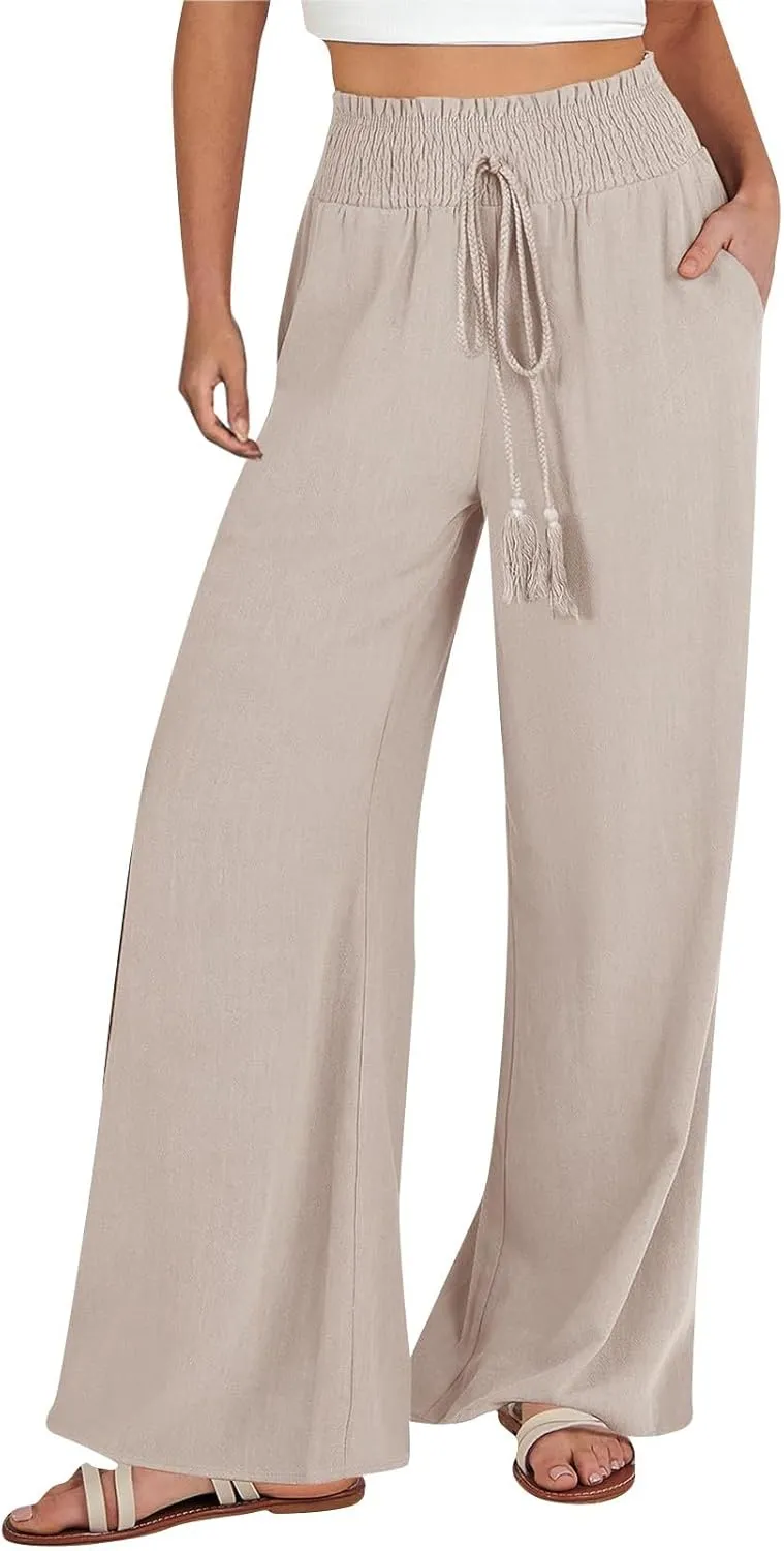 Flare Cropped Dress Pants for Women Casual Summer Wide Leg Linen Sports Trousers with Pockets HIgh Waist Vacation Pants