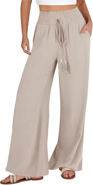 Flare Cropped Dress Pants for Women Casual Summer Wide Leg Linen Sports Trousers with Pockets HIgh Waist Vacation Pants