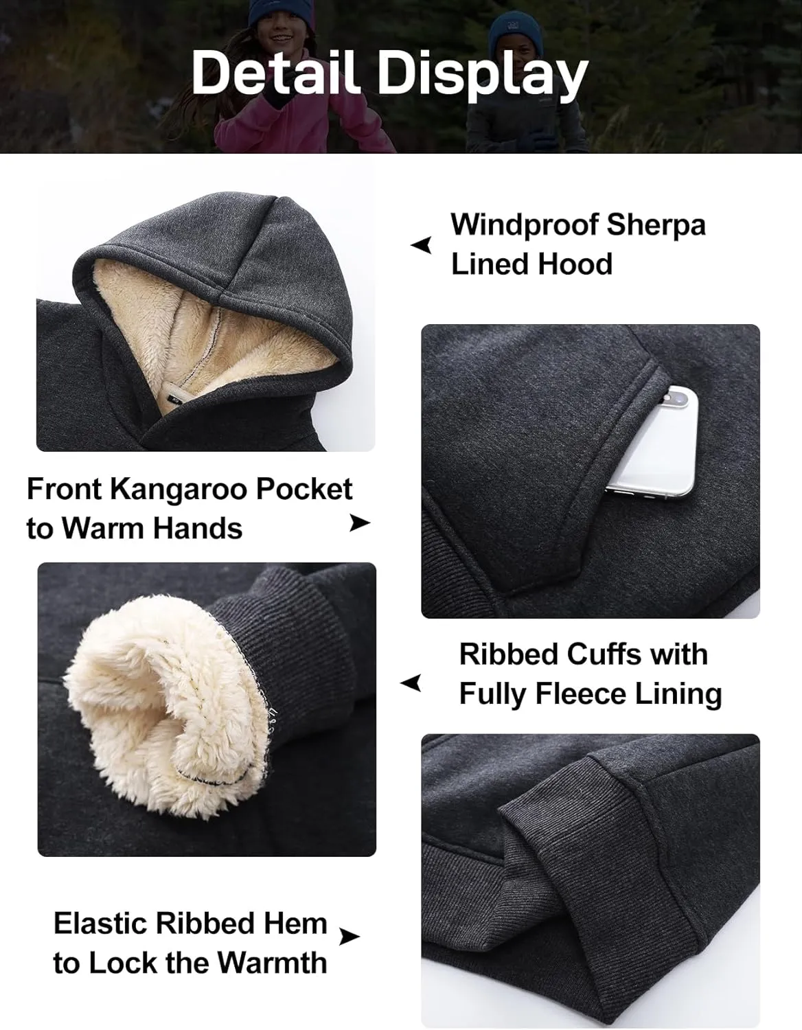 Flygo Unisex Boys Girls Fleece Lined Sherpa Hoodie Kids Warm Winter Hoodies Pullover Hooded Sweatshirt Sweater 4-13Y