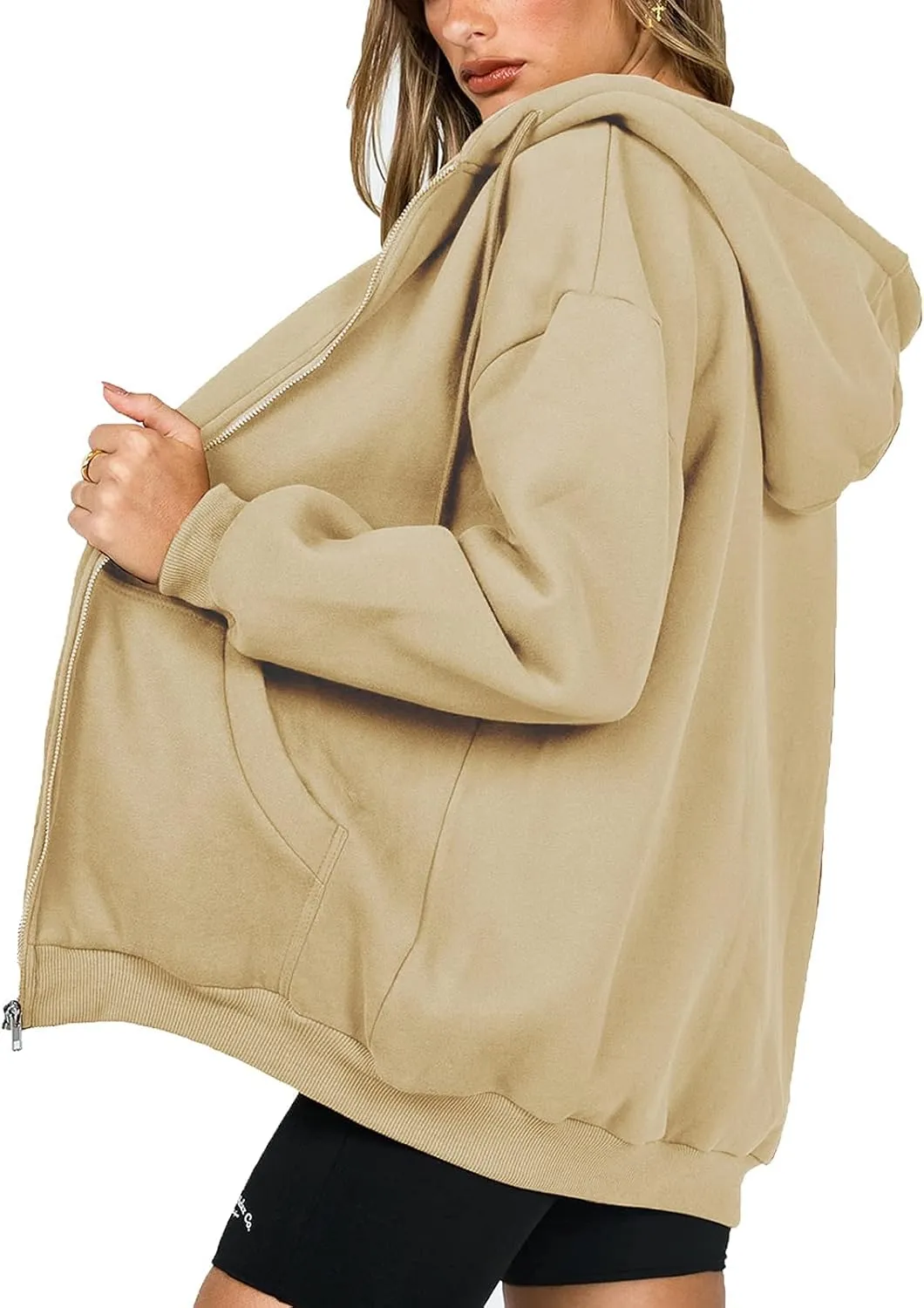 FOMOYUU Womens Oversized Zip Up Hoodie Y2K Jacket Baggy Loose Basic Zipper Hooded Sweatshirt Coat