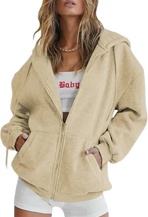 FOMOYUU Womens Oversized Zip Up Hoodie Y2K Jacket Baggy Loose Basic Zipper Hooded Sweatshirt Coat