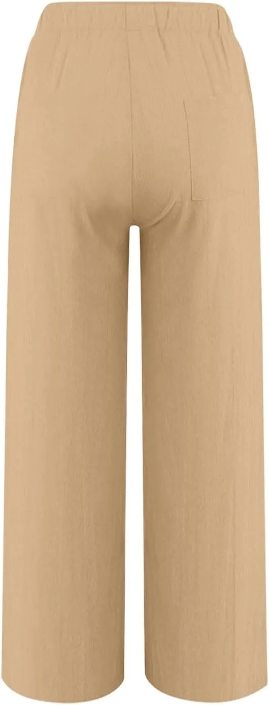 Gcvizuso Linen Pants Women Summer Casual Loose Drawstring Pants Wide Leg High Waist Trousers Boho Lounge Beach Pant