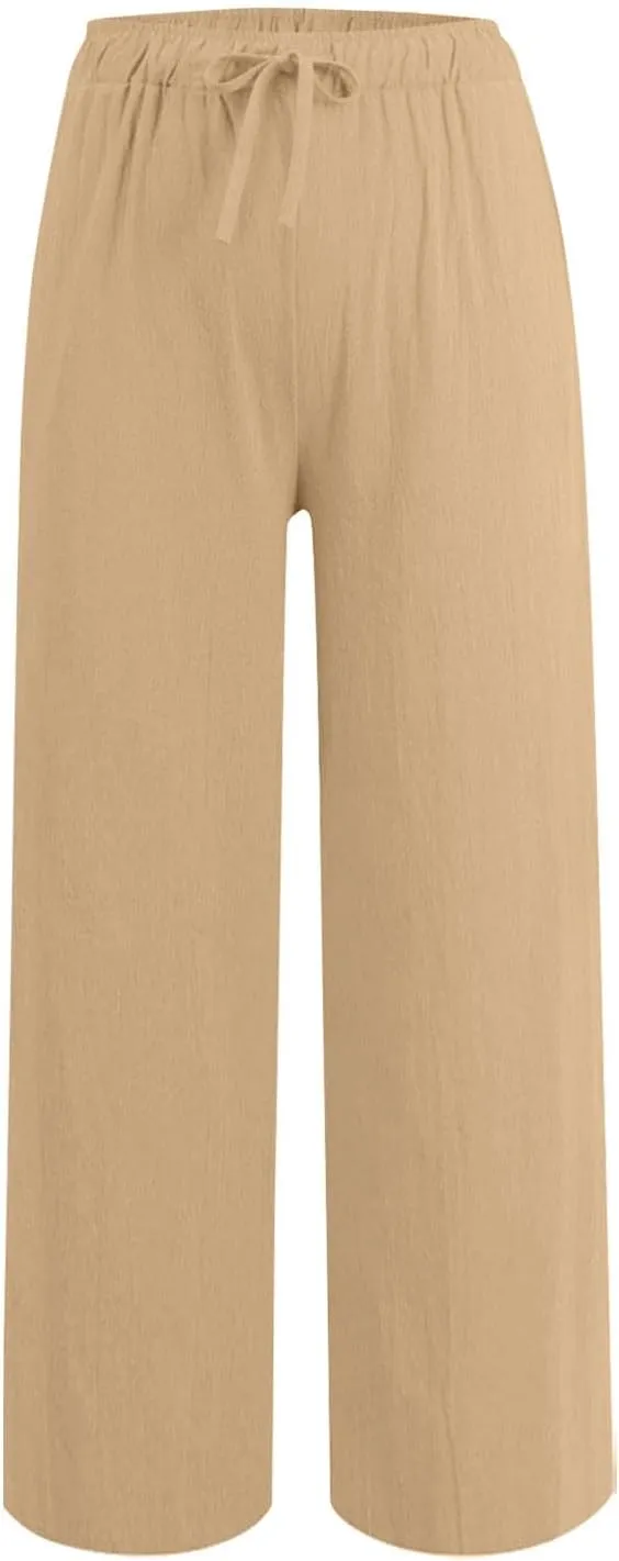 Gcvizuso Linen Pants Women Summer Casual Loose Drawstring Pants Wide Leg High Waist Trousers Boho Lounge Beach Pant