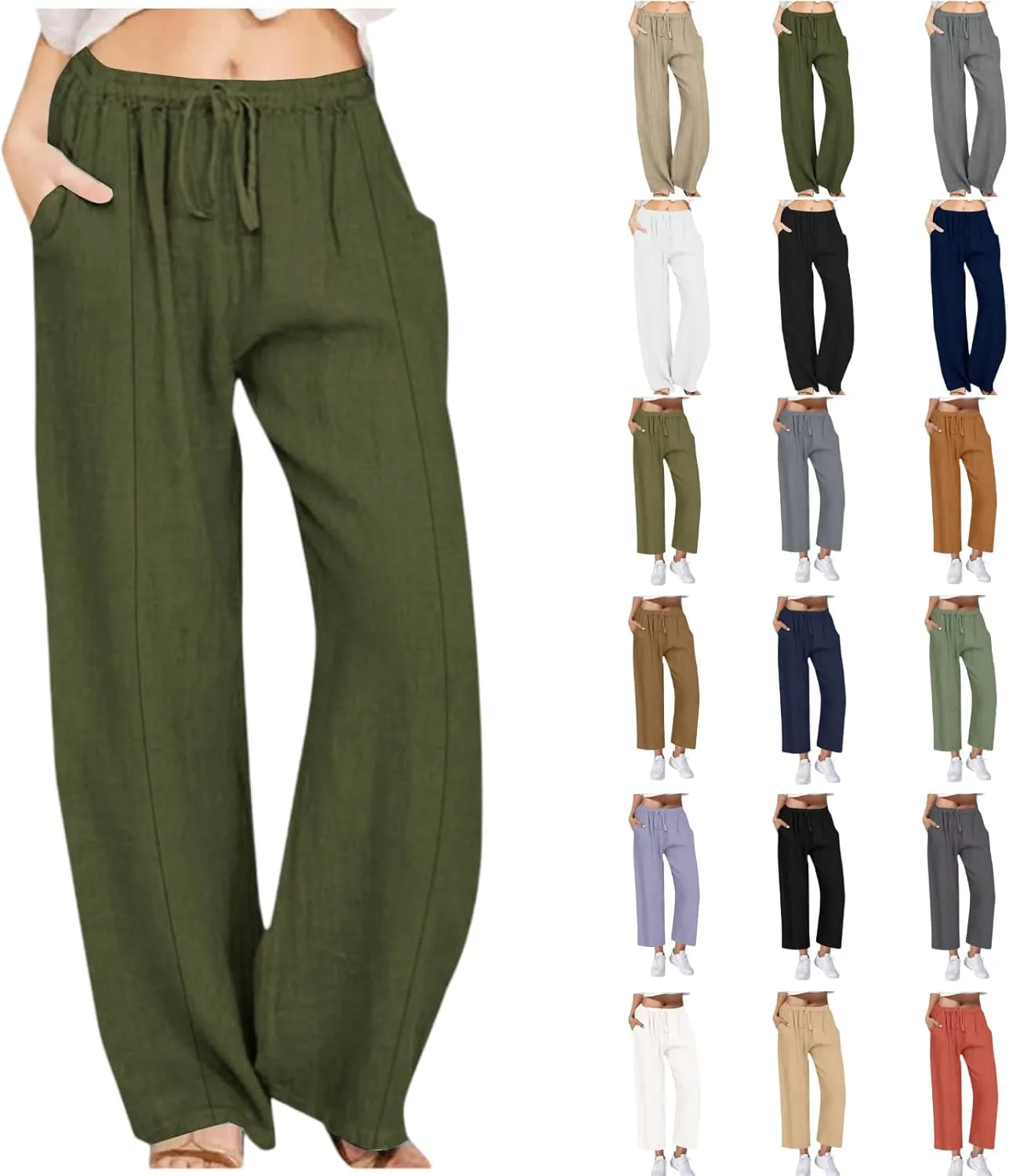 Gcvizuso Linen Pants Women Summer Casual Loose Drawstring Pants Wide Leg High Waist Trousers Boho Lounge Beach Pant