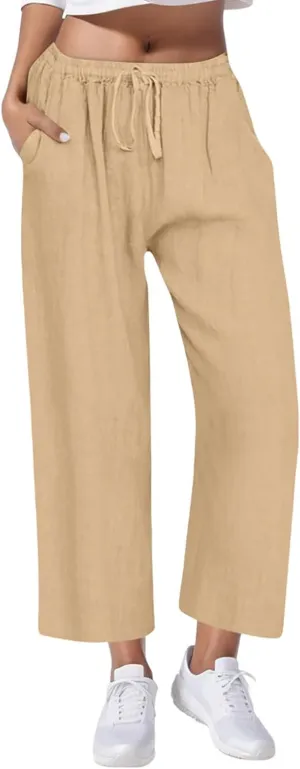 Gcvizuso Linen Pants Women Summer Casual Loose Drawstring Pants Wide Leg High Waist Trousers Boho Lounge Beach Pant