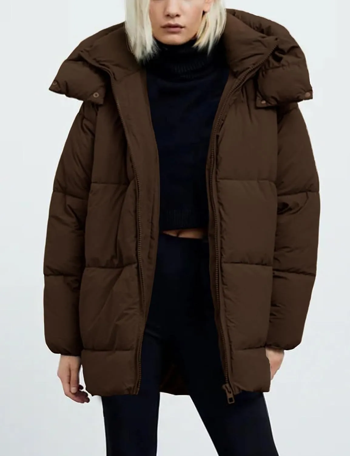 Gihuo Womens Quilted Puffer Coat Hoodie Winter Oversized Mid-Length Padded Down Jacket Warm Heavyweight Bubble Outerwear