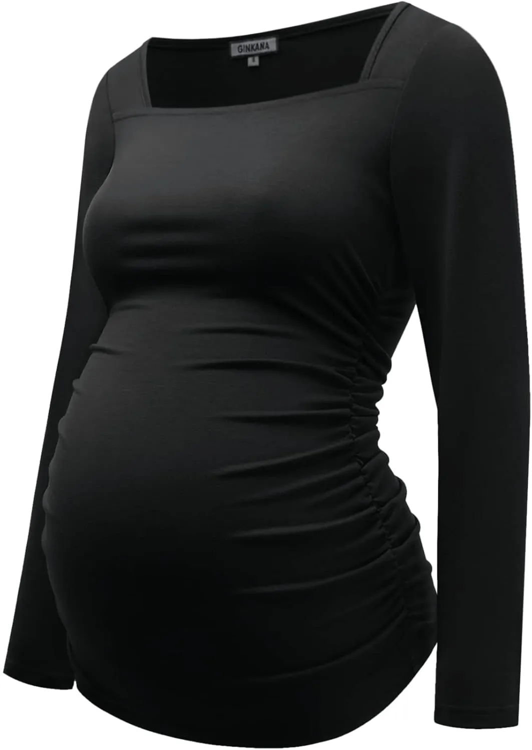 GINKANA Maternity Shirts Square Neck Slim Fit Tee Top Pregnancy Basic Long Sleeve Shirt for Daily Wear
