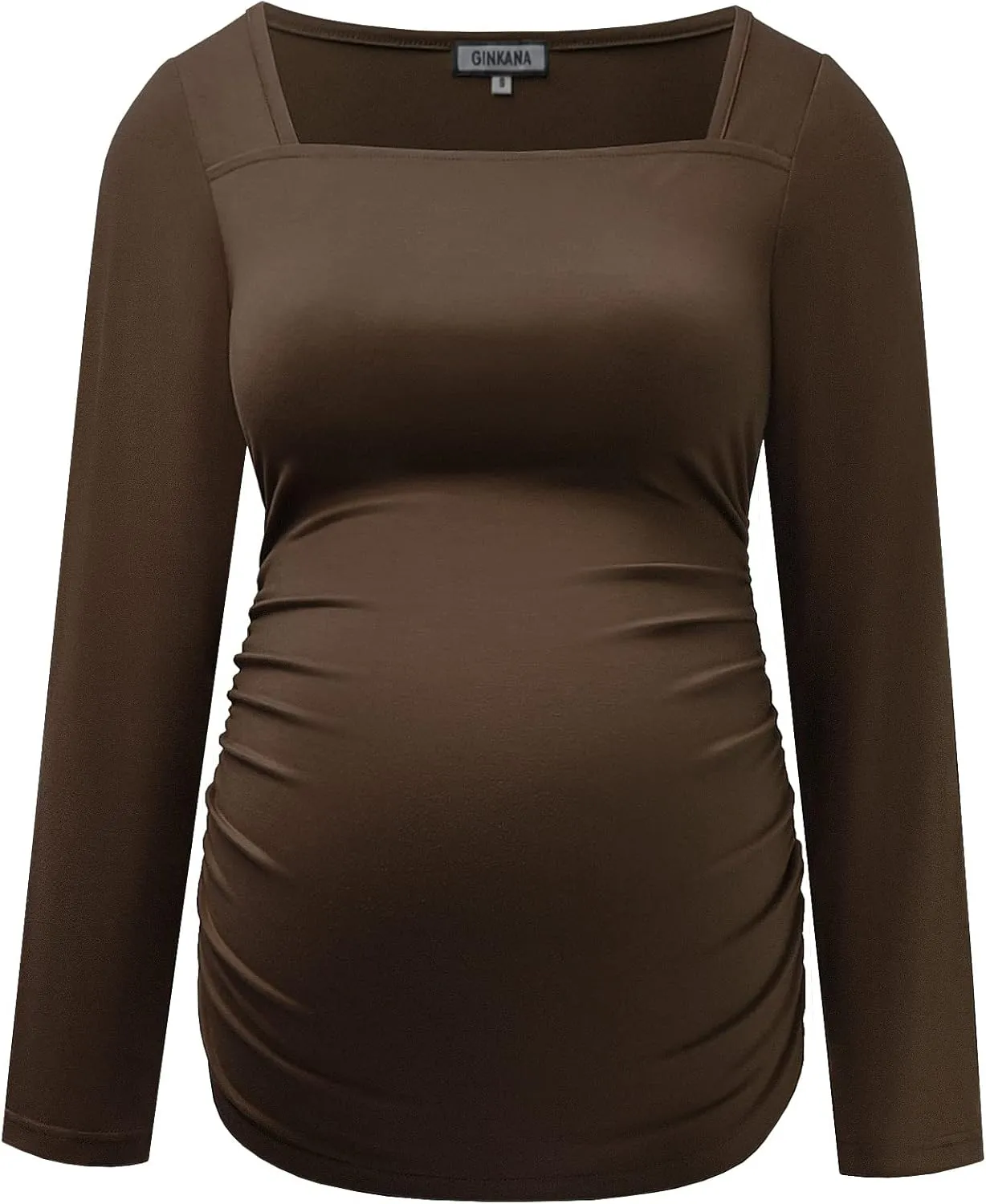 GINKANA Maternity Shirts Square Neck Slim Fit Tee Top Pregnancy Basic Long Sleeve Shirt for Daily Wear