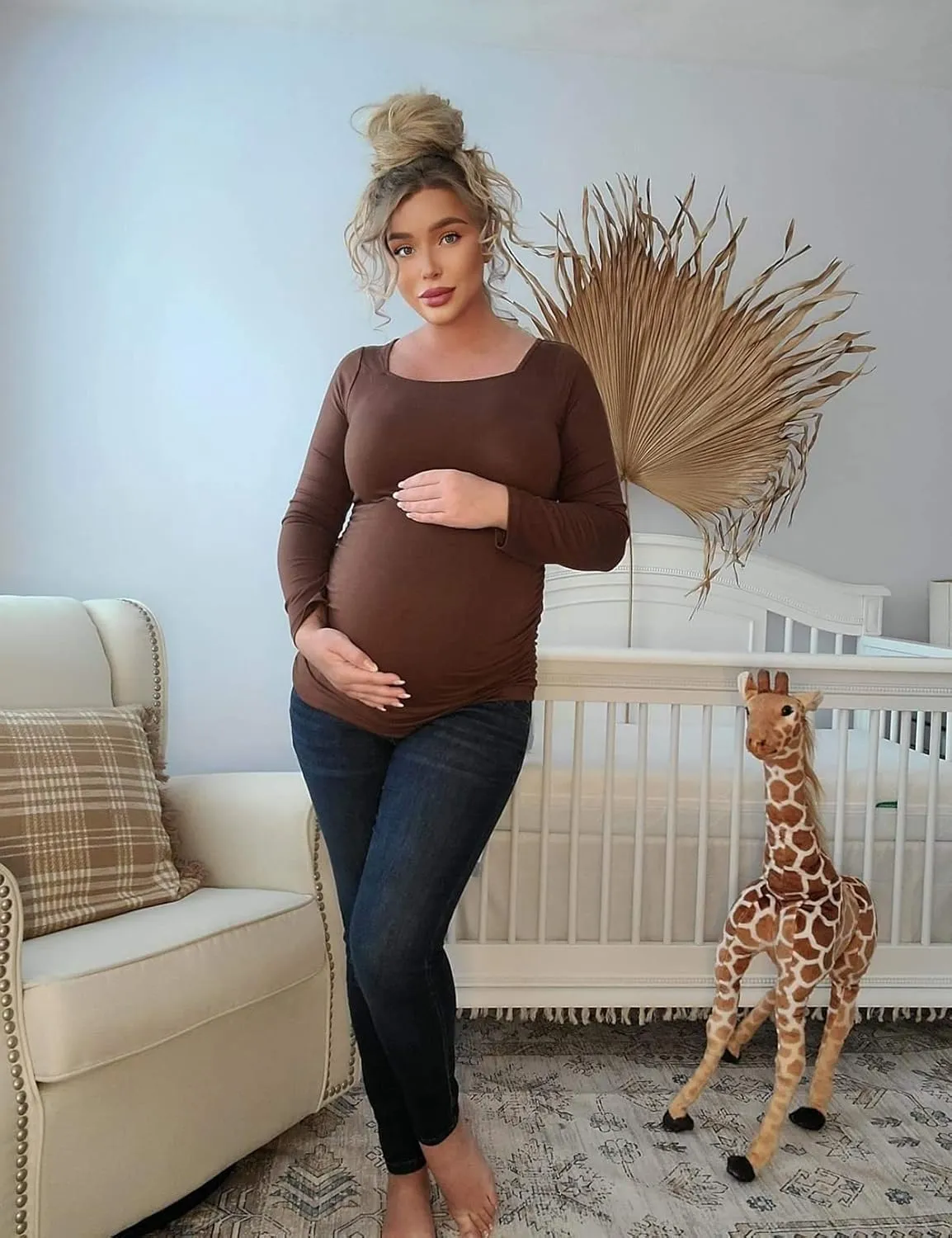 GINKANA Maternity Shirts Square Neck Slim Fit Tee Top Pregnancy Basic Long Sleeve Shirt for Daily Wear