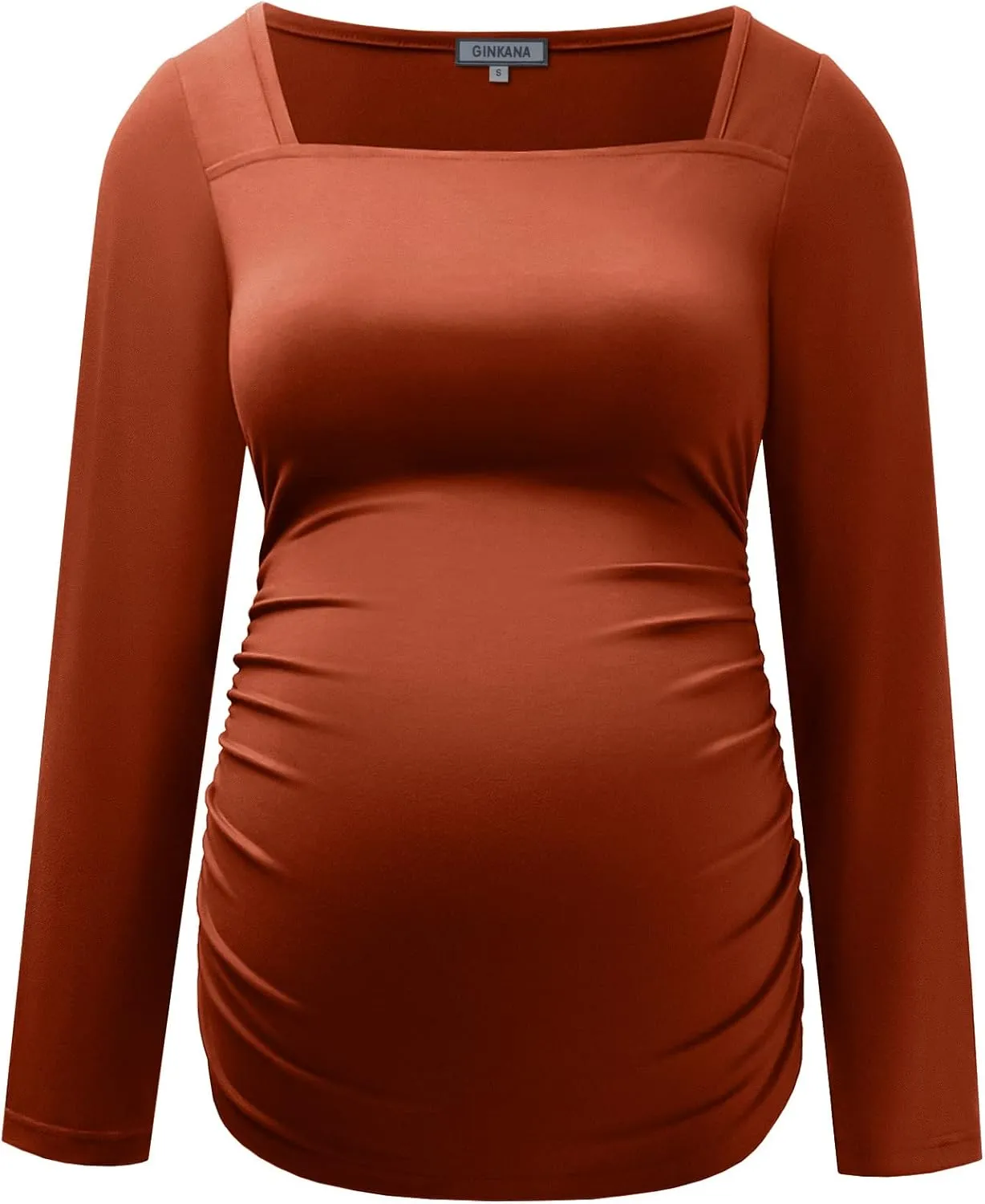 GINKANA Maternity Shirts Square Neck Slim Fit Tee Top Pregnancy Basic Long Sleeve Shirt for Daily Wear