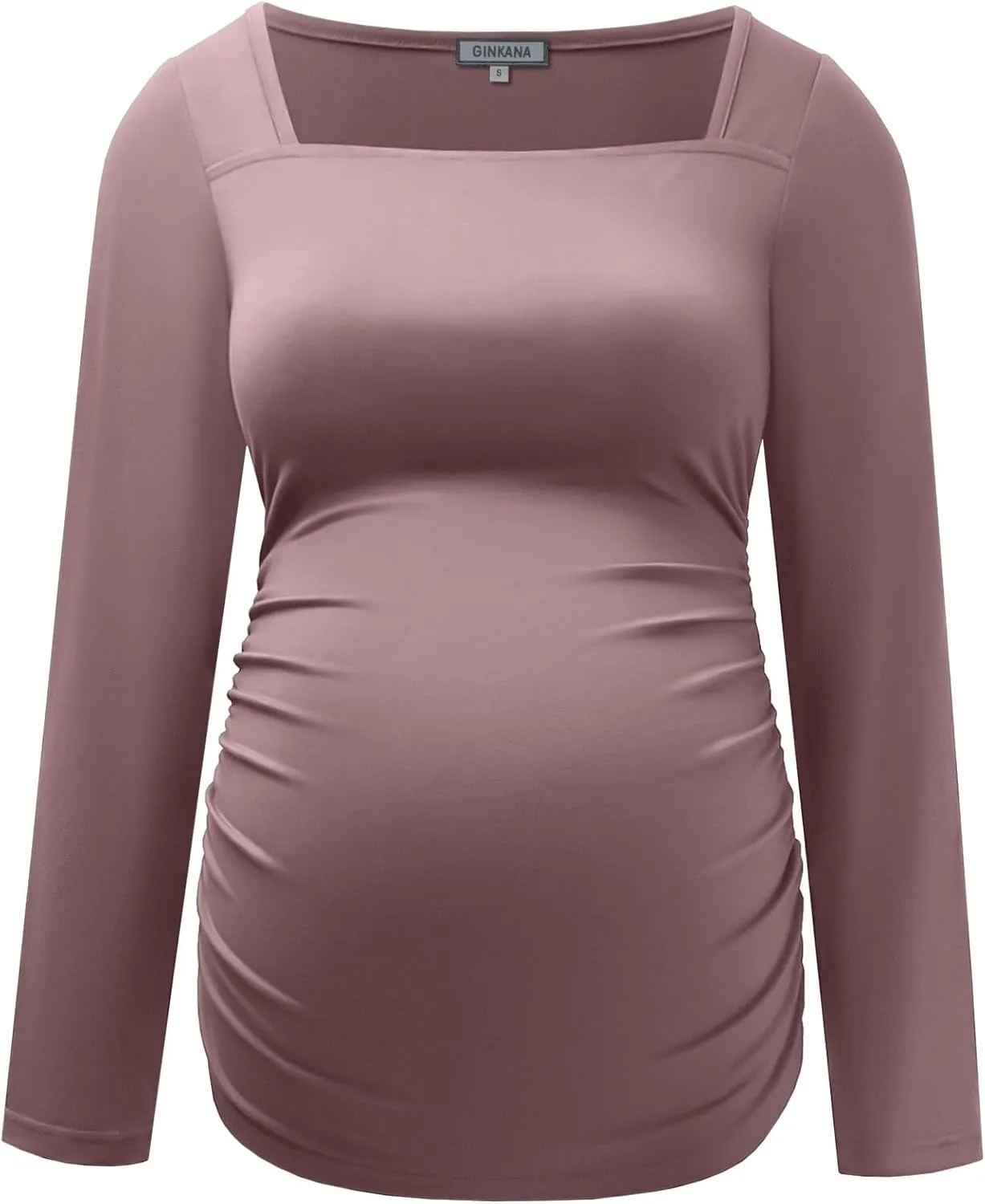 GINKANA Maternity Shirts Square Neck Slim Fit Tee Top Pregnancy Basic Long Sleeve Shirt for Daily Wear