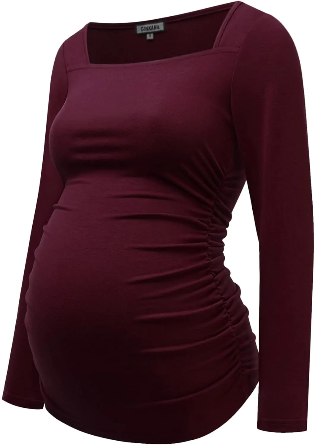 GINKANA Maternity Shirts Square Neck Slim Fit Tee Top Pregnancy Basic Long Sleeve Shirt for Daily Wear