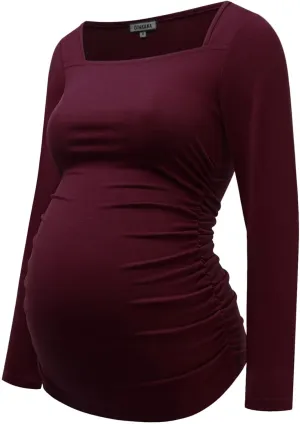GINKANA Maternity Shirts Square Neck Slim Fit Tee Top Pregnancy Basic Long Sleeve Shirt for Daily Wear